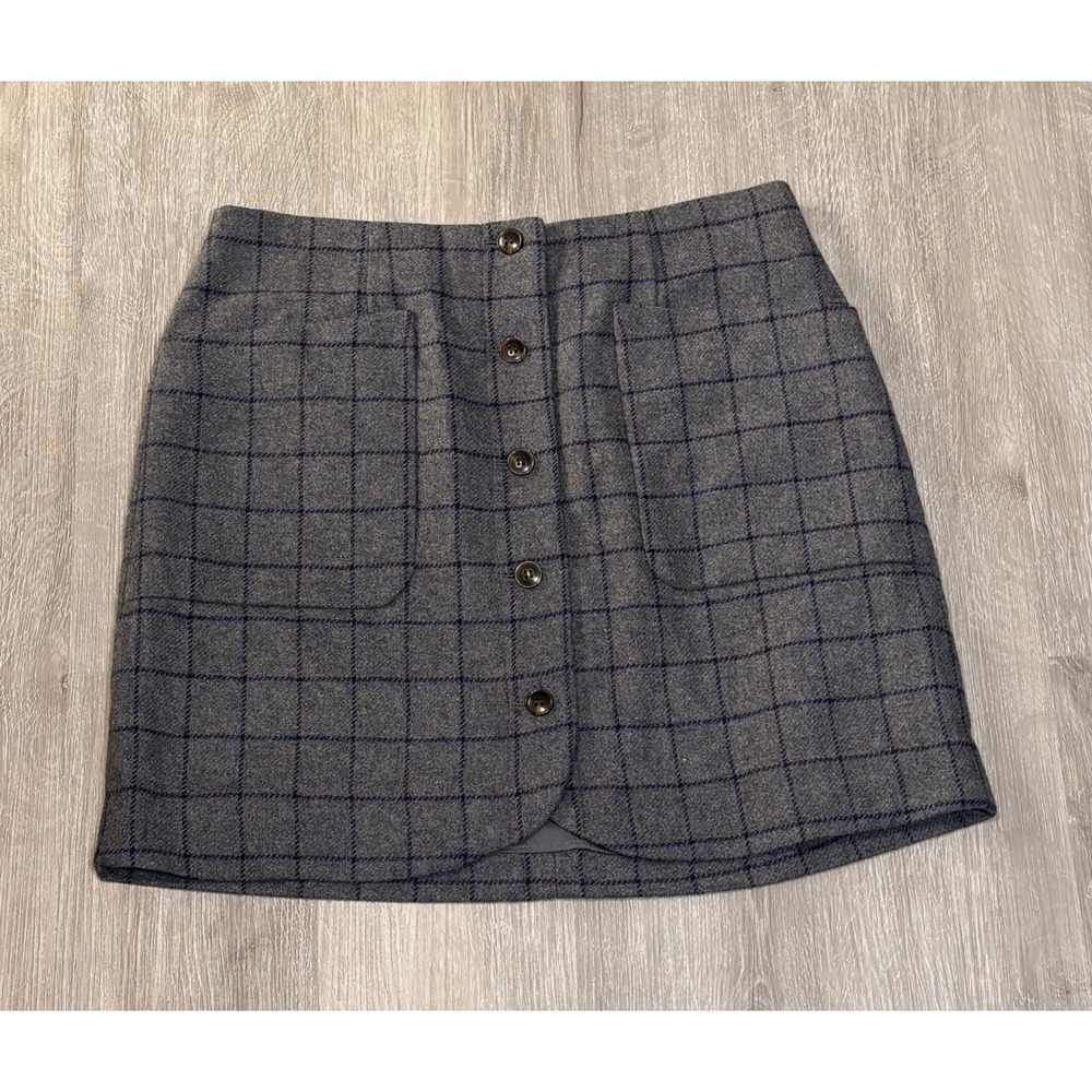 Madewell Gray Windowpane Plaid Wool Blend Button Front Mini Skirt NB890 Size 6